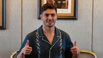 Rabat (Morocco), 18/03/2024.- Spanish-Morrocan soccer player Brahim Diaz poses after his arrival to Rabat-Sale Airport, Morocco, 18 March 2024. The Real Madrid winger was named in Morocco's national team after deciding to represent the North African country rather than Spain. (Marruecos, España) EFE/EPA/Jalal Morchidi
