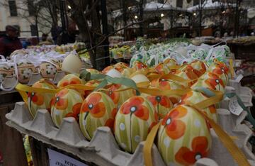 Hand-painted eggs on display at an Easter market in Vienna, Austria, April 3, 2023.