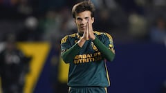 LA Galaxy midfielder Riqui Puig gestures to the crowd during the second half of the team's MLS soccer match against Minnesota United, Wednesday, Sept. 20, 2023, in Carson, Calif. (AP Photo/Ryan Sun)