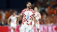 Croatia's forward Bruno Petkovic celebrates after scoring Croatia's third goal during the UEFA Nations League semi final football match between The Netherlands and Croatia at the De Kuip Stadium in Rotterdam on June 14, 2023. (Photo by KENZO TRIBOUILLARD / AFP)
