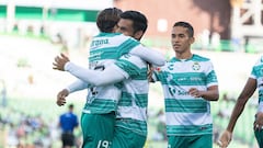 Eduardo Aguirre celebrates his goal of Santos during the game Santos vs Toluca, corresponding to the 15th round match of the Torneo Guard1anes Clausura 2021 of the Liga BBVA MX, at TSM Corona Stadium, on April 18, 2021.   &lt;br&gt;&lt;br&gt;   Eduardo Ag