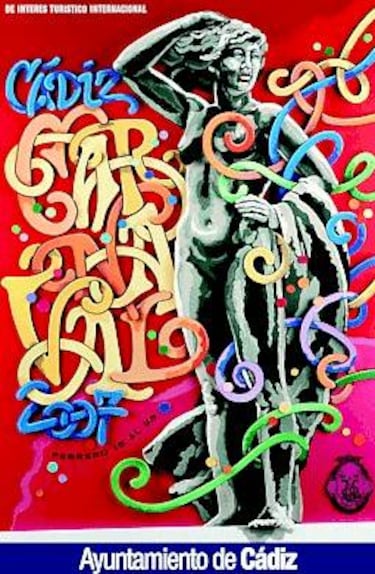 La estatua de la diosa Gades, situada en el paseo marítimo de Cádiz, protagoniza un cartel lleno de color gracias a su original tipografía y a las serpentinas que envuelven la figura.