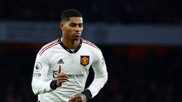 Soccer Football - Premier League - Arsenal v Manchester United - Emirates Stadium, London, Britain - January 22, 2023 Manchester United's Marcus Rashford celebrates scoring their first goal Action Images via Reuters/Peter Cziborra EDITORIAL USE ONLY. No use with unauthorized audio, video, data, fixture lists, club/league logos or 'live' services. Online in-match use limited to 75 images, no video emulation. No use in betting, games or single club /league/player publications.  Please contact your account representative for further details.