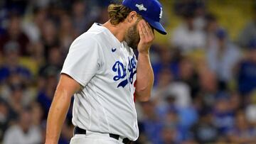 Oct 7, 2023; Los Angeles, California, USA; Los Angeles Dodgers starting pitcher Clayton Kershaw (22) reacts after giving up six runs in the first inning for game one of the NLDS against the Arizona Diamondbacks for the 2023 MLB playoffs at Dodger Stadium. Mandatory Credit: Jayne Kamin-Oncea-USA TODAY Sports