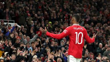 Soccer Football - Carabao Cup - Round of 16 - Manchester United v Burnley - Old Trafford, Manchester, Britain - December 21, 2022 Manchester United's Marcus Rashford celebrates scoring their second goal Action Images via Reuters/Phil Noble EDITORIAL USE ONLY. No use with unauthorized audio, video, data, fixture lists, club/league logos or 'live' services. Online in-match use limited to 75 images, no video emulation. No use in betting, games or single club /league/player publications.  Please contact your account representative for further details.