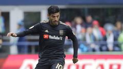Los Angeles forward Carlos Vela looks downfield during the first half of an MLS soccer match against the Seattle Sounders, Sunday, March 4, 2018, in Seattle. (AP Photo/Ted S. Warren)