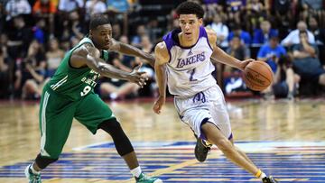 Jul 8, 2017; Las Vegas, NV, USA; Los Angeles Lakers guard Lonzo Ball (2) dribbles against Boston Celtics guard Demetrius Jackson (9) during the first half at Thomas &amp; Mack Arena. Mandatory Credit: Joe Camporeale-USA TODAY Sports