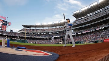 Apr 23, 2024; Washington, District of Columbia, USA; Los Angeles Dodgers two-way player Shohei Ohtani (17) stands in the on deck circle prior to an at bat against the Washington Nationals during the third inning at Nationals Park. Mandatory Credit: Geoff Burke-USA TODAY Sports