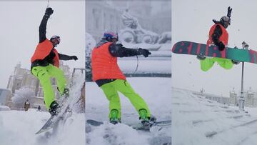 El skater mostoleño Danny León, vestido con unos pantalones amarillo fluorescente y un chaleco naranja fluorescente, además de casco Red Bull y tabla Burton, practicando snowboard en sitios emblemáticos del centro de Madrid dur