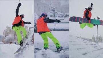 El skater mostole&ntilde;o Danny Le&oacute;n, vestido con unos pantalones amarillo fluorescente y un chaleco naranja fluorescente, adem&aacute;s de casco Red Bull y tabla Burton, practicando snowboard en sitios emblem&aacute;ticos del centro de Madrid dur