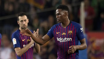 Yerry Mina durante el partido entre Barcelona y Real Sociedad por LaLiga de España