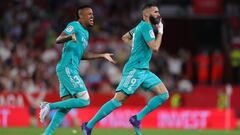 SEVILLE, SPAIN - APRIL 17: Karim Benzema of Real Madrid celebrates after he scores their team&#039;s third goal during the LaLiga Santander match between Sevilla FC and Real Madrid CF at Estadio Ramon Sanchez Pizjuan on April 17, 2022 in Seville, Spain. (