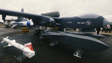 ZHUHAI, CHINA - NOVEMBER 14 2024: A view of Jiu Tian, a new jet drone design comes from the state-run Aviation Industry Corporation of China (AVIC), at the airshow in Zhuhai in south China's Guangdong province Thursday, Nov. 14, 2024. The UAV is capable of carrying smaller attack drones into the air. (Photo credit should read LONG WEI / Feature China/Future Publishing via Getty Images)