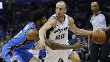 San Antonio Spurs guard Manu Ginobili (20) drives around Oklahoma City Thunder forward Paul George, left, in the first half of an NBA basketball game in Oklahoma City, Saturday, March 10, 2018. (AP Photo/Sue Ogrocki)