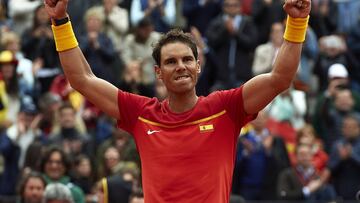 VALENCIA, SPAIN - APRIL 06:  Rafael Nadal of Spain celebrates after defeating Philipp Kohlschreiber of Germany during day one of the Davis Cup World Group Quarter Final match between Spain and Germany at Plaza de Toros de Valencia on April 6, 2018 in Vale