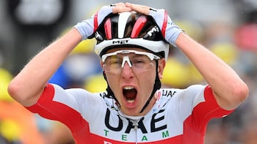 06 September 2020, France, Laruns: Slovenian cyclist Tadej Pogacar of UAE Team Emirates celebrates wining the 9th stage of the 107th edition of the Tour de France cycling race, 153 km from Pau to Laruns. Photo: Pool Vincent Kalut/BELGA/dpa
 06/09/2020 ONLY FOR USE IN SPAIN