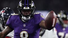 BALTIMORE, MARYLAND - JANUARY 20: Lamar Jackson #8 of the Baltimore Ravens celebrates after rushing for a touchdown against the Houston Texans during the fourth quarter in the AFC Divisional Playoff game at M&T Bank Stadium on January 20, 2024 in Baltimore, Maryland.   Rob Carr/Getty Images/AFP (Photo by Rob Carr / GETTY IMAGES NORTH AMERICA / Getty Images via AFP)