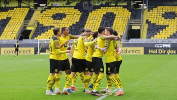 Marco Reus of Borussia Dortmund celebrates after the 2-0 goal with teammates during the German championship Bundesliga football match between Borussia Dortmund and Bayer 04 Leverkusen on May 22, 2021 at Signal Iduna Park in Dortmund, Germany - Photo Ralf 