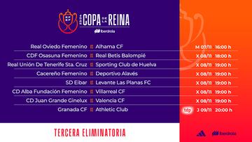 Partidos y horarios de la tercera ronda de la Copa de la Reina de Fútbol.