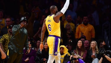 Apr 24, 2023; Los Angeles, California, USA; Los Angeles Lakers forward LeBron James (6) reacts after blocking a shot against Memphis Grizzlies forward Dillon Brooks (24) during the first half in game four of the 2023 NBA playoffs at Crypto.com Arena. Mandatory Credit: Gary A. Vasquez-USA TODAY Sports