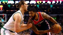 BOSTON, MA - MAY 2: Kelly Olynyk #41 of the Boston Celtics defends Markieff Morris #5 of the Washington Wizards during the first quarter of Game Two of the Eastern Conference Semifinals at TD Garden on May 2, 2017 in Boston, Massachusetts. NOTE TO USER: User expressly acknowledges and agrees that, by downloading and or using this Photograph, user is consenting to the terms and conditions of the Getty Images License Agreement.   Maddie Meyer/Getty Images/AFP
 == FOR NEWSPAPERS, INTERNET, TELCOS &amp; TELEVISION USE ONLY ==