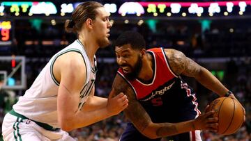 BOSTON, MA - MAY 2: Kelly Olynyk #41 of the Boston Celtics defends Markieff Morris #5 of the Washington Wizards during the first quarter of Game Two of the Eastern Conference Semifinals at TD Garden on May 2, 2017 in Boston, Massachusetts. NOTE TO USER: User expressly acknowledges and agrees that, by downloading and or using this Photograph, user is consenting to the terms and conditions of the Getty Images License Agreement.   Maddie Meyer/Getty Images/AFP
 == FOR NEWSPAPERS, INTERNET, TELCOS &amp; TELEVISION USE ONLY ==