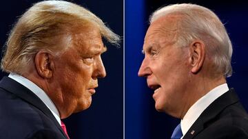 Esta combinación de imágenes de archivo creadas el 22 de octubre de 2020 muestra al presidente estadounidense Donald Trump y al candidato presidencial demócrata y exvicepresidente estadounidense Joe Biden durante el debate presidencial final en la Universidad de Belmont en Nashville, Tennessee, el 22 de octubre de 2020.