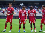 Lucas Merolla, Mauro Zaleta, Luiz Teodora, Brian Rubio of Mazatlan during the 14th round match between Pumas UNAM and Mazatlan FC as part of the Liga BBVA MX Varonil, Torneo Clausura 2026 at Olimpico Universitario Stadium, on April 12, 2026 in Mexico City, Mexico.