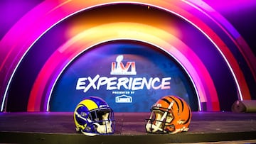 LOS ANGELES, CALIFORNIA - FEBRUARY 04: Helmets from the Los Angeles Rams and the Cincinnati Bengals are seen during a press preview of the Super Bowl Experience Presented by Lowex92s at Los Angeles Convention Center on February 04, 2022 in Los Angeles, Ca