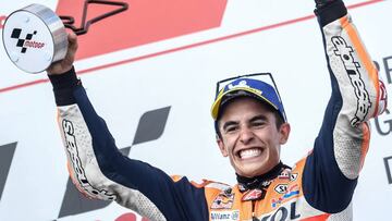 FIS. Hohenstein-ernstthal (Germany), 15/07/2018.- Spanish Moto GP rider Marc Marquez of Repsol Honda Team celebrates on the podium after winning the MotoGP race of the Motorcycling Grand Prix of Germany at the Sachsenring racing circuit in Hohenstein-Erns