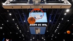 Mar 18, 2024; Dayton, OH, USA; General view of a March Madness basket ball falling through the net during NCAA Tournament First Four Practice at UD Arena. Mandatory Credit: Rick Osentoski-USA TODAY Sports