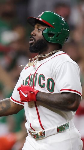 HOUSTON, TEXAS - MARCH 08: Randy Arozarena #56 of Team Mexico reacts after scoring in the first inning against Team Brazil during a 2026 World Baseball Classic Pool B game at Daikin Park on March 08, 2026 in Houston, Texas. Alex Slitz/Getty Images/AFP (Photo by Alex Slitz / GETTY IMAGES NORTH AMERICA / Getty Images via AFP)