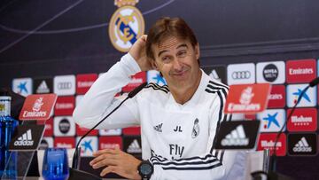 GRAF4888. MADRID, 28/09/2018.- El entrenador del Real Madrid Julen Lopetegui, durante la rueda de prensa tras el entrenamiento del equipo blanco, preparatorio del derbi del sábado contra el Atlético de Madrid en el Santiago Bernabéu,