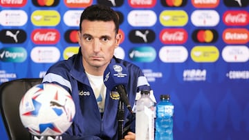 Argentina's coach Lionel Scaloni attends a press conference one day before the Conmebol 2024 Copa America tournament quarter final football match between Argentina and Ecuador at NRG stadium in Houston, Texas on July 3, 2024. (Photo by Charly TRIBALLEAU / AFP)