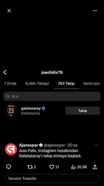 La captura de pantalla del follow de João al Galatasaray.