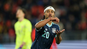 FILE PHOTO: Soccer Football - International Friendly - Switzerland v Germany - St. Jakob-Park, Basel, Switzerland - March 27, 2026 Germany's Serge Gnabry celebrates scoring their second goal REUTERS/Denis Balibouse/File Photo