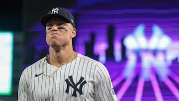 Aug 23, 2024; Bronx, New York, USA; New York Yankees center fielder Aaron Judge (99) runs off the field after the top of the top of the eighth inning against the Colorado Rockies at Yankee Stadium. Mandatory Credit: Vincent Carchietta-USA TODAY Sports