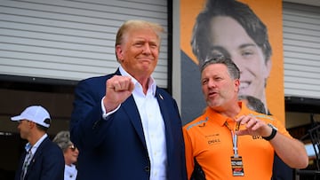 MIAMI, FLORIDA - MAY 05: Donald Trump and McLaren Chief Executive Officer Zak Brown talk in the Pitlane prior to the F1 Grand Prix of Miami at Miami International Autodrome on May 05, 2024 in Miami, Florida.   Clive Mason/Getty Images/AFP (Photo by CLIVE MASON / GETTY IMAGES NORTH AMERICA / Getty Images via AFP)
