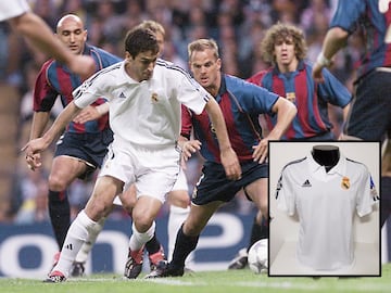 Camiseta del Centenario del Real Madrid. Ral, en el partido de vuelta de las semifinales de la Champions League 2001-02, ante Abelardo, De Boer y Puyol.