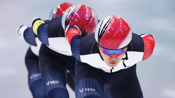 Team South Korea skate during the Men&#039;s Team Pursuit Quarterfinals on day nine of the Beijing 2022 Winter Olympic Games at National Speed Skating Oval on February 13, 2022 in Beijing, China.