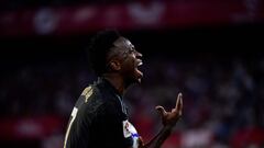 Real Madrid's Brazilian forward #07 Vinicius Junior reacts during the Spanish league football match between Sevilla FC and Real Madrid CF at the Ramon Sanchez Pizjuan stadium in Seville on October 21, 2023. (Photo by CRISTINA QUICLER / AFP)