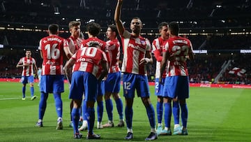 MADRID, SPAIN - FEBRUARY 26: Renan Lodi of Atletico Madrid celebrates after scoring their first goal during the LaLiga Santander match between Club Atletico de Madrid and RC Celta de Vigo at Estadio Wanda Metropolitano on February 26, 2022 in Madrid, Spai