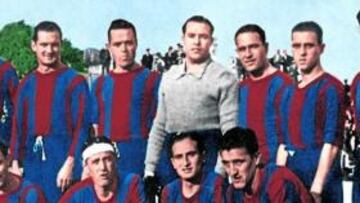 <b>GANARON LA LIGA DEL MEDITERRÁNEO. </b>Este era el equipo del Barça del 37. De pie, Bayo, Vantolrá, Rafa, Urquiaga, Pedrol, Barceló y Gual; agachados: Munlloch, Balmanya, Escolá y García.