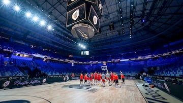 Entrenamiento de la selección española de baloncesto en el Palacio de Deportes José María Martín Carpena, este jueves en Málaga, en preparación a la Copa del Mundo de Baloncesto.