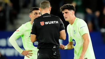 Pedri central midfield of Barcelona and Spain protest to referee during the LaLiga match between CA Osasuna and FC Barcelona at Estadio El Sadar on September 28, 2024 in Pamplona, Spain. (Photo by Jose Breton/Pics Action/NurPhoto via Getty Images)