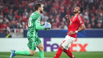 Lisboa (Portugal), 02/10/2024.- Vangelis Pavlidis (R) of Benfica in action against goalkeeper Jan Oblak of Atletico Madrid during the UEFA Champions League soccer match between SL Benfica and Atletico Madrid, in Lisbon, Portugal, 02 October 2024. (Liga de Campeones, Lisboa) EFE/EPA/RODRIGO ANTUNES