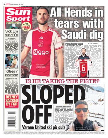 Portada del diario 'The Sun' con el fichaje de Jordan Henderson al Ajax y la polémica de Raphael Varane en una estación de esquí.