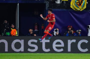 Luis Díaz celebrates after scoring Liverpool's second goal in their semi-final second leg against Villarreal.