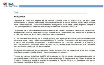 Artículo 20 del reglamento de la Liga MX que indica que la Final del torneo se debe disputar en jueves y domingo.
