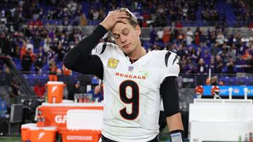 BALTIMORE, MARYLAND - NOVEMBER 07: Joe Burrow #9 of the Cincinnati Bengals reacts after his team was defeated by the Baltimore Ravens at M&T Bank Stadium on November 07, 2024 in Baltimore, Maryland. Patrick Smith/Getty Images/AFP (Photo by Patrick Smith / GETTY IMAGES NORTH AMERICA / Getty Images via AFP)
